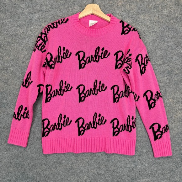 Barbie Mattel Knit Sweater Womens Small All Over Print AOP Spell Out Movie 2018 - Picture 1 of 7
